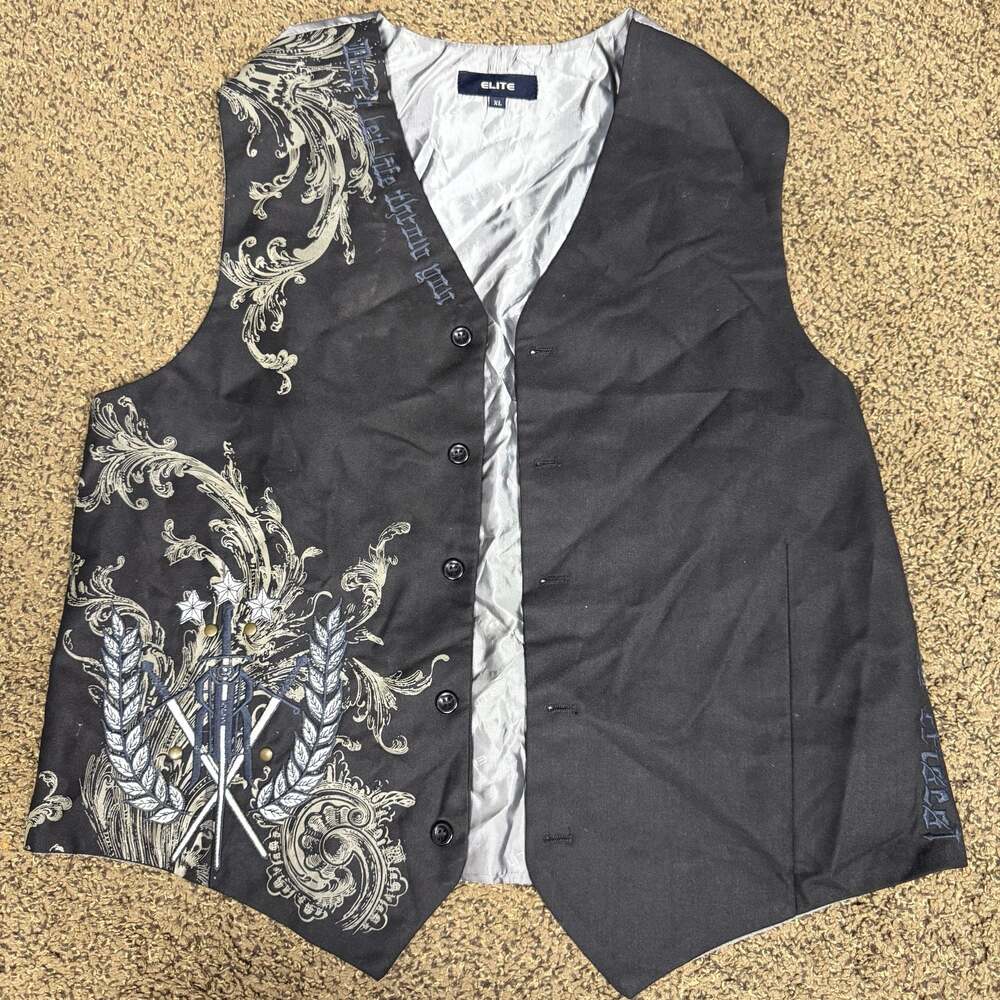 Elite Men's Embroidered Graphic Formal Vest Black Size XL
